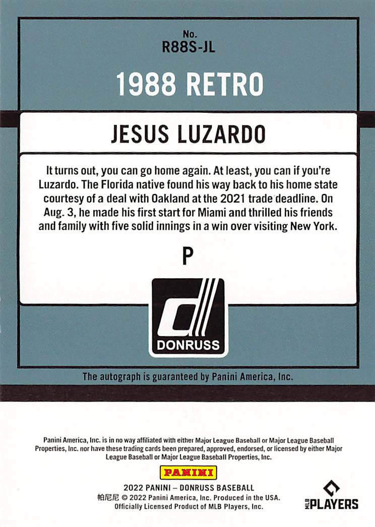 2022 Panini Donruss Jesús Luzardo Autograph #R88S-JL Miami Marlins