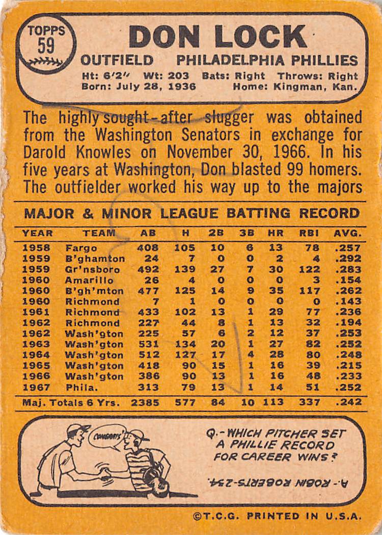 1968 Topps Don Lock Autograph #59 Philadelphia Phillies