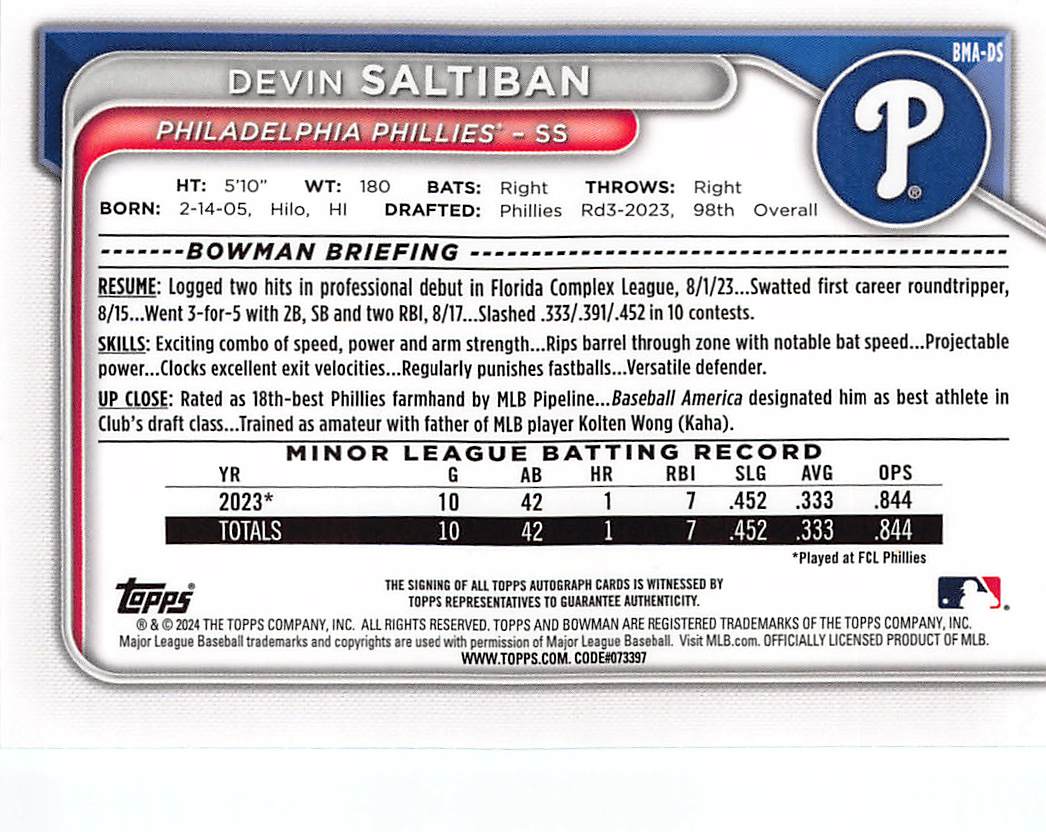 2024 Bowman Chrome Devin Saltiban Green Mojo Auto /99 Rookie #BMA-DS Phillies