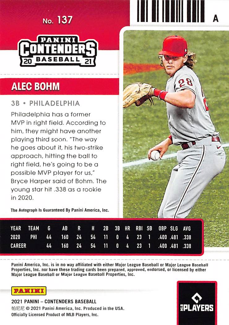 2021 Panini Contenders Alec Bohm Draft Ticket Auto Rookie /99 RC #137 Phillies