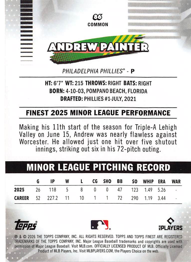 2026 Topps Finest Andrew Painter Yellow Refractor /275 Rookie RC #86 Phillies