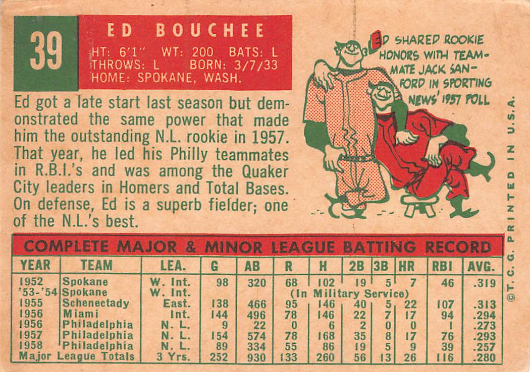 1959 Topps Ed Bouchee #39 Philadelphia Phillies