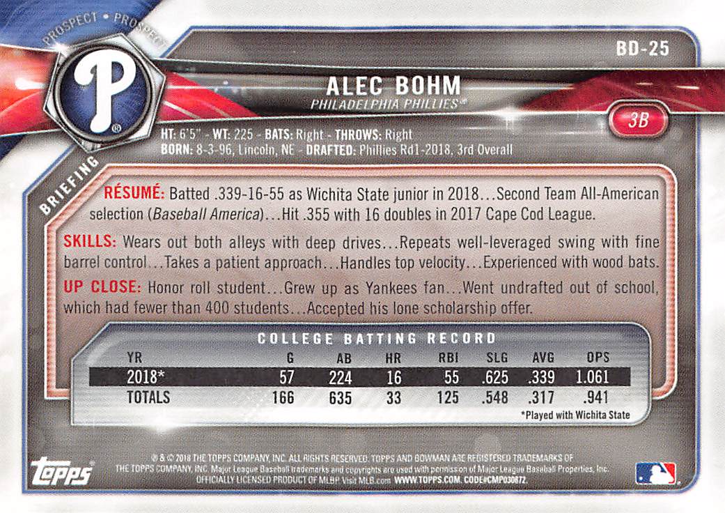 2018 Bowman Draft Alec Bohm Rookie #BD-25 Philadelphia Phillies