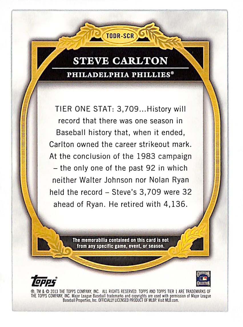 2013 Topps Tier One Steve Carlton Relics /50 #TODR-SCR Philadelphia Phillies