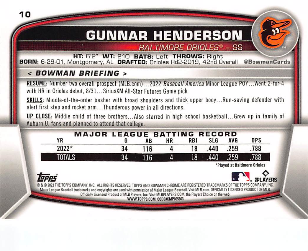2023 Bowman Chrome Gunnar Henderson Rookie RC #10 Baltimore Orioles