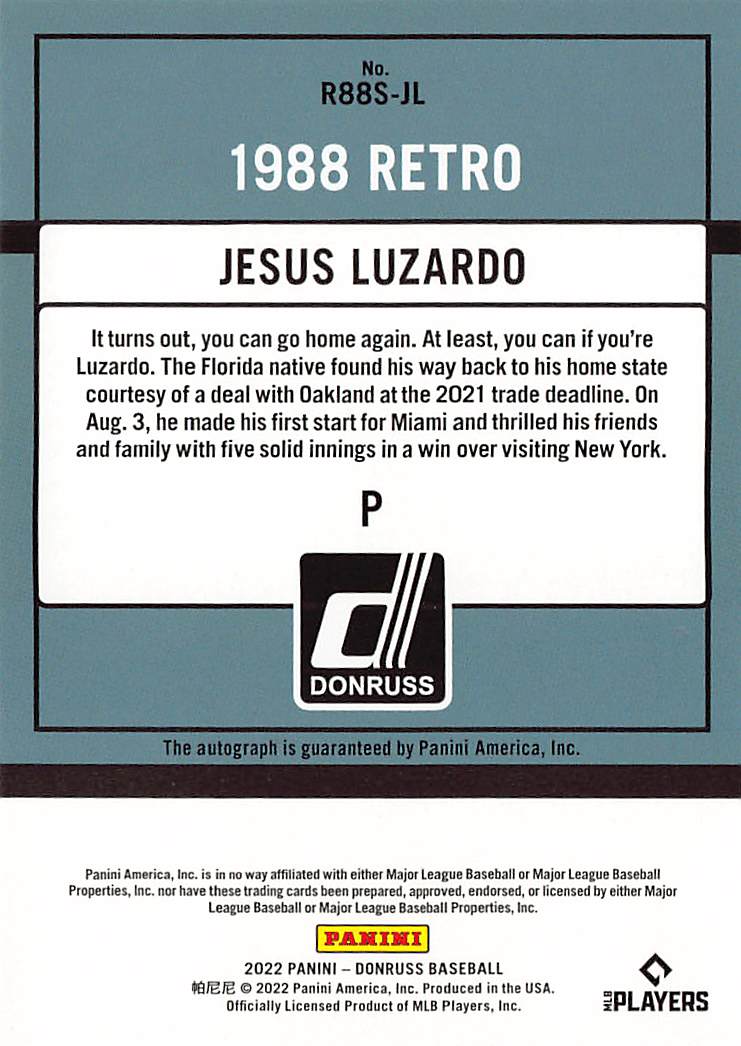 2022 Panini Donruss Jesus Luzardo Autograph #R88S-JL Miami Marlins