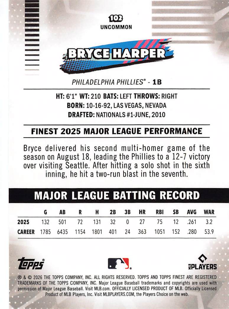 2026 Topps Finest Bryce Harper Green Refractor /99 #102 Philadelphia Phillies