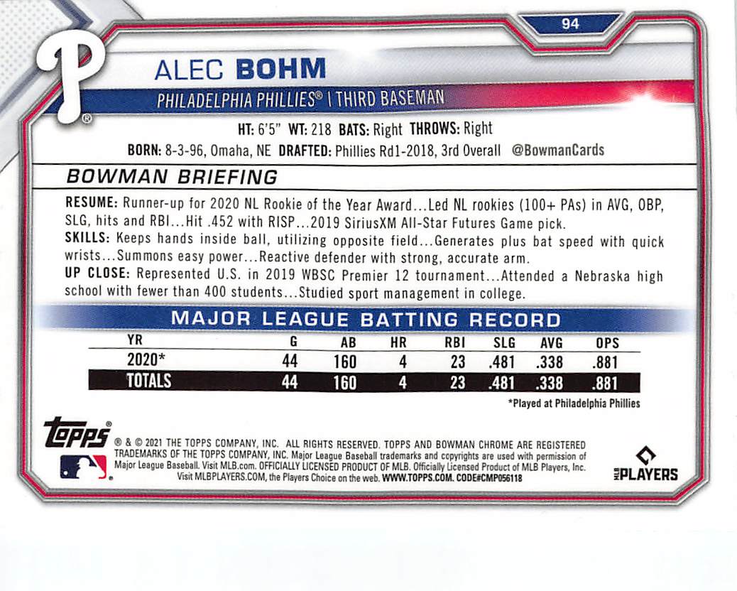 2021 Bowman Chrome Alec Bohm Blue Sapphire Rookie RC #94 Philadelphia Phillies