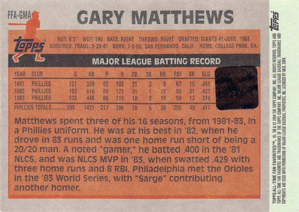 2004 Topps All-Time Fan Favorites Gary Matthews Autograph #FFA-GMA Phillies