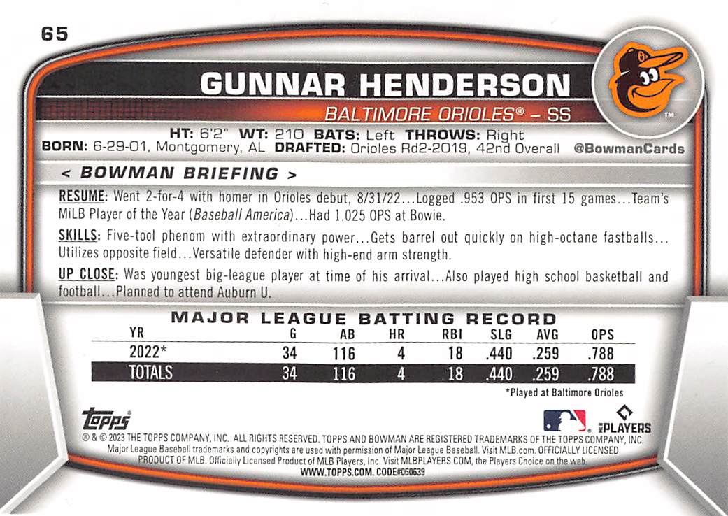 2023 Bowman Gunnar Henderson Rookie RC #65 Baltimore Orioles