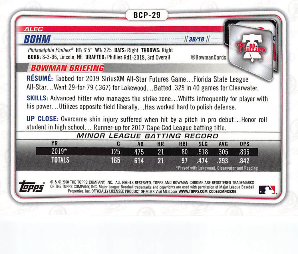 2020 Bowman Chrome Alec Bohm Purple Mojo Refractor /250 Rookie #BCP-29 Phillies