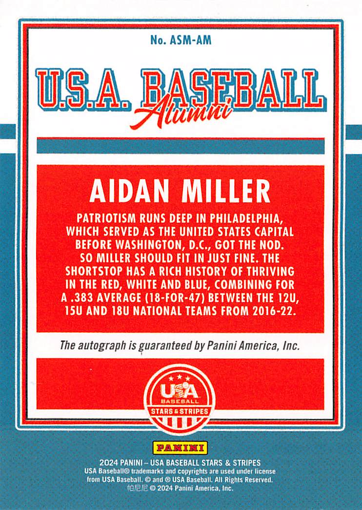 2024 Panini USA Baseball Stars & Stripes Aidan Miller Rookie Auto #ASM-AM