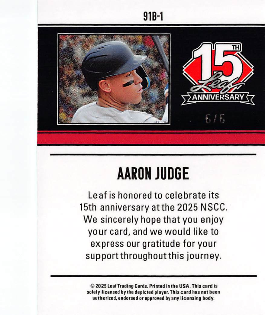 2025 Leaf 15th Anniversary Aaron Judge Green Laser /6 #91B-1 New York Yankees