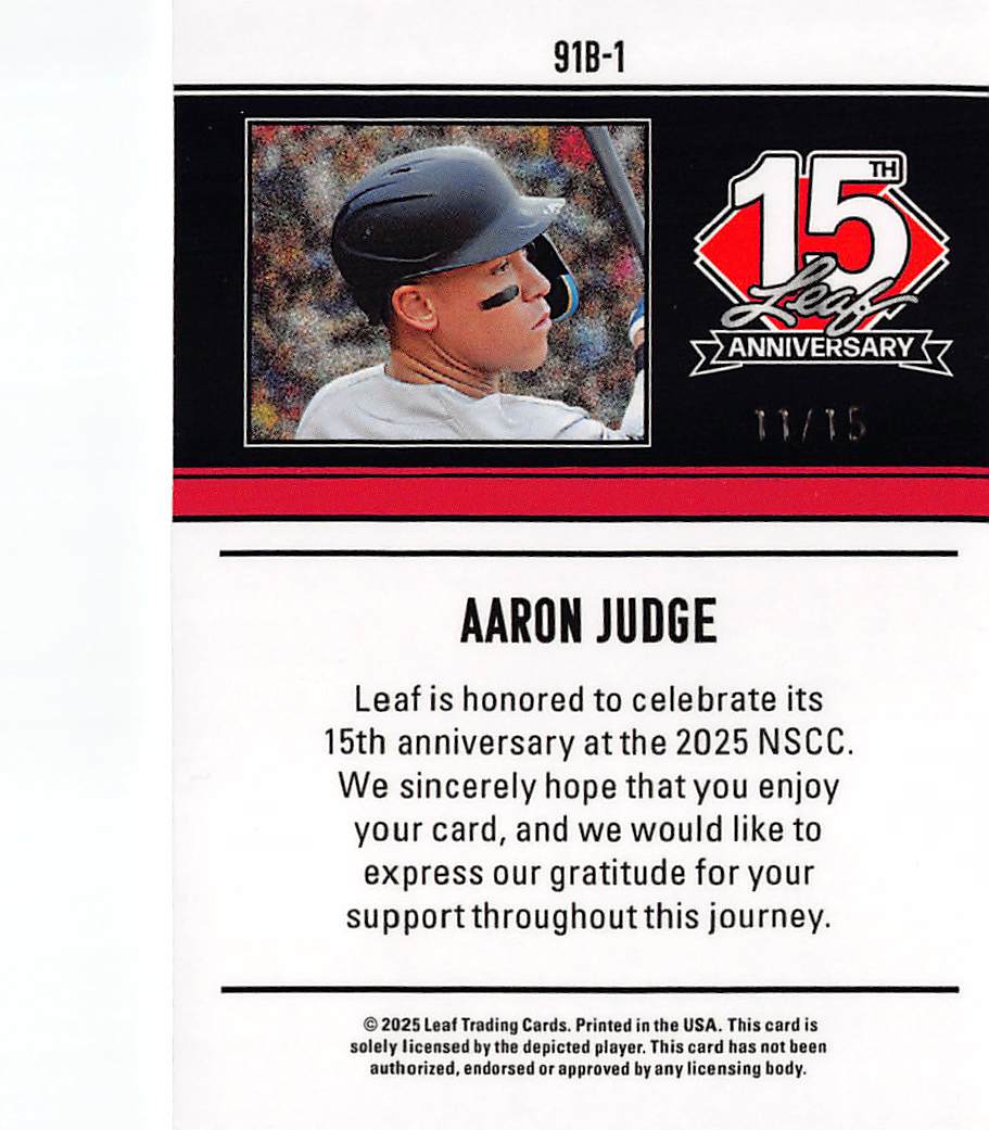 2025 Leaf 15th Anniversary Aaron Judge Silver Laser /15 #91B-1 New York Yankees