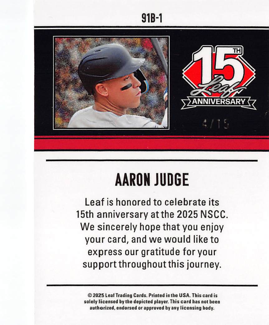 2025 Leaf 15th Anniversary Aaron Judge Silver Sparkle /15 #91B-1 Yankees