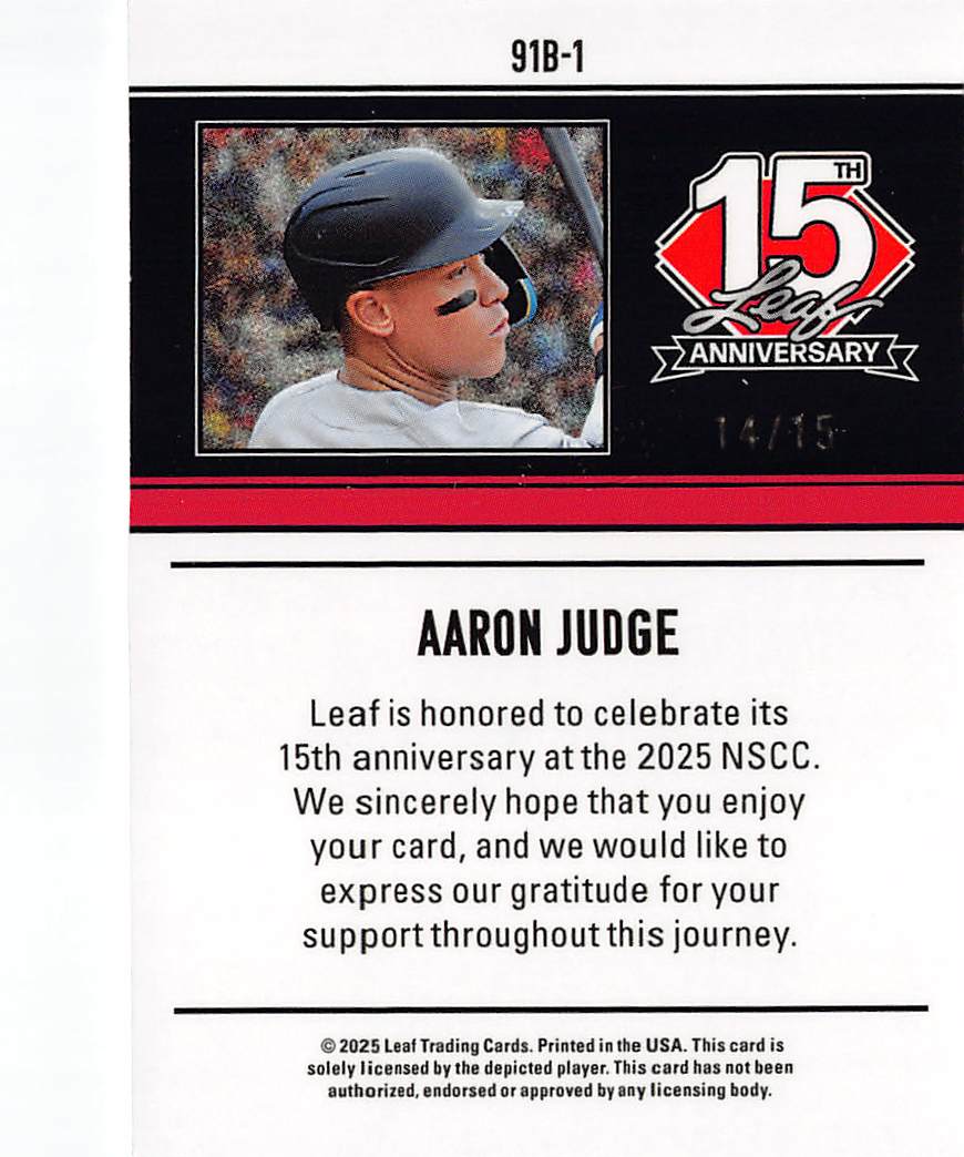 2025 Leaf 15th Anniversary Aaron Judge Silver Shimmer /15 #91B-1 Yankees