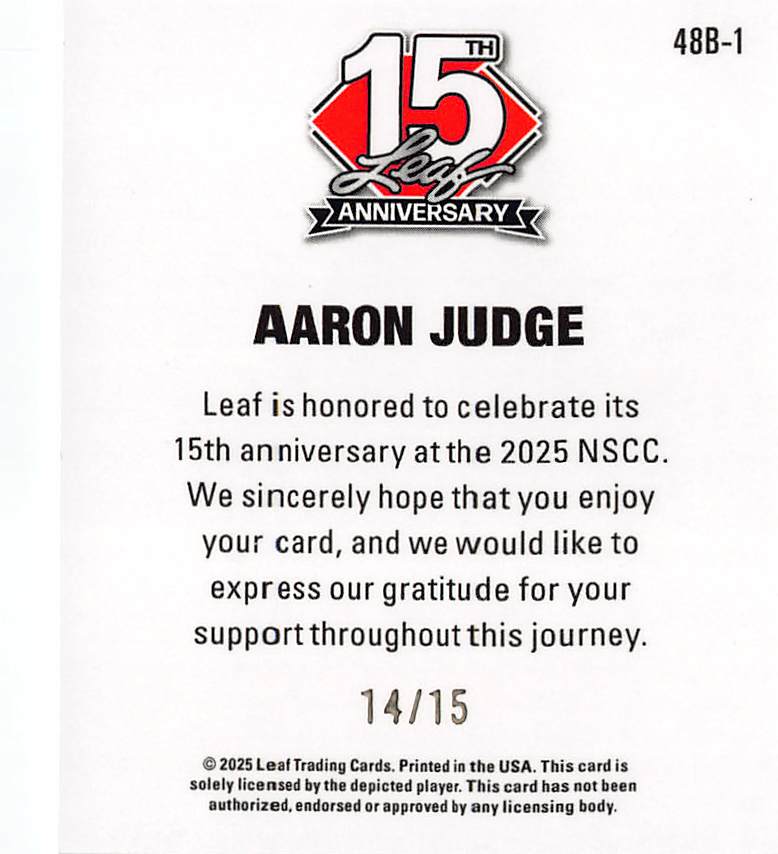 2025 Leaf 15th Anniversary Aaron Judge Mini Silver Laser /15 #48B-1 Yankees