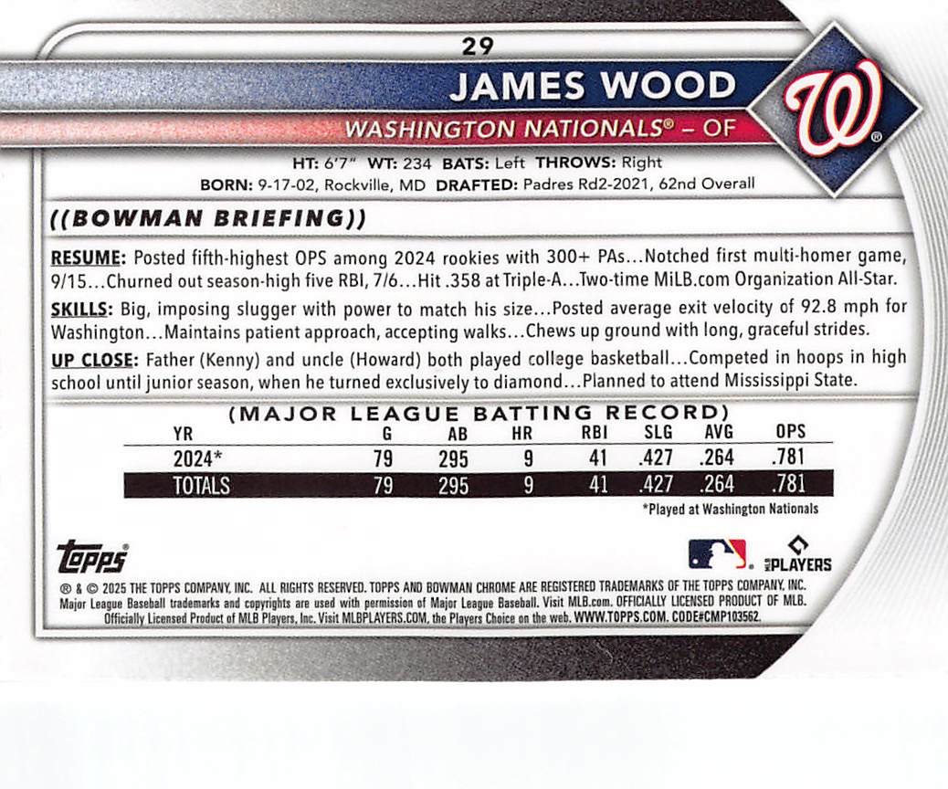 2025 Topps Bowman Chrome James Wood Mojo Refractor Rookie RC #29 Nationals