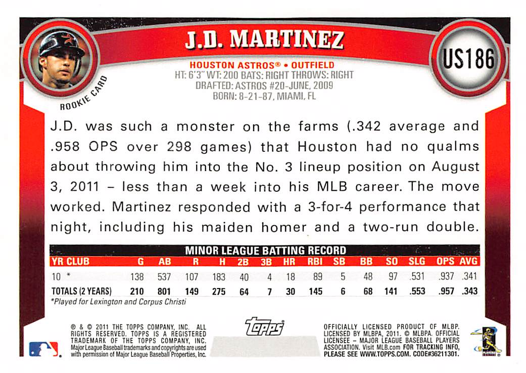 2011 Topps Update Series J.D. Martinez Rookie RC #US186 Houston Astros