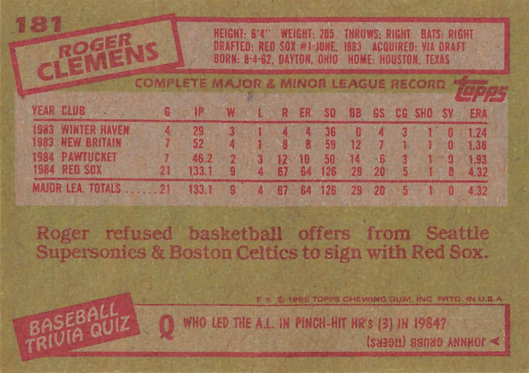 1985 Topps Roger Clemens #181 Boston Red Sox
