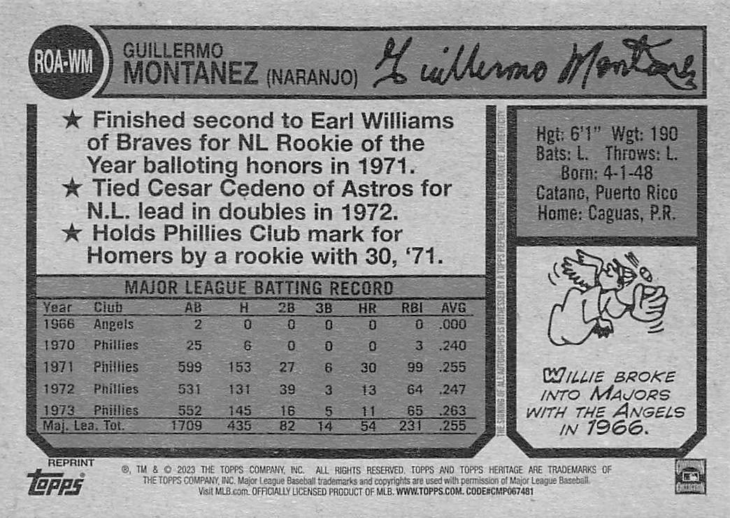 2023 Topps Heritage Willie Montañez Autograph #ROA-WM Philadelphia Phillies