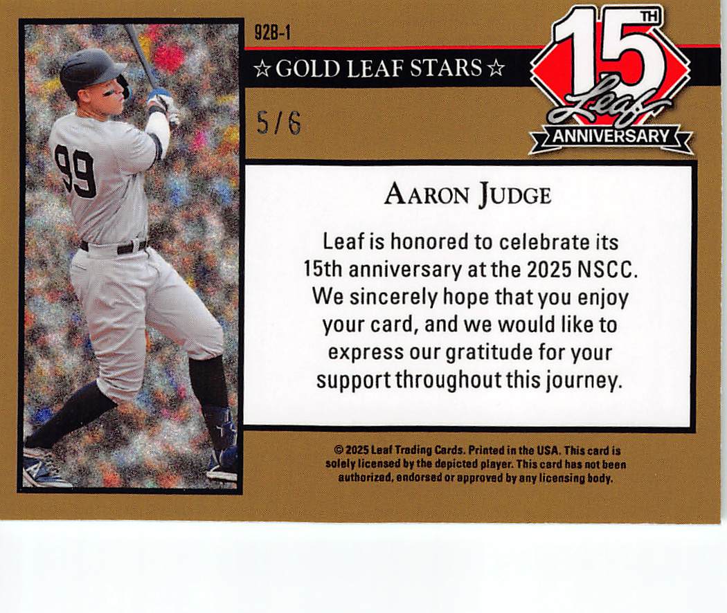 2025 Leaf 15th Anniversary Gold Leaf Stars Aaron Judge Green Lava /6 #92B-1