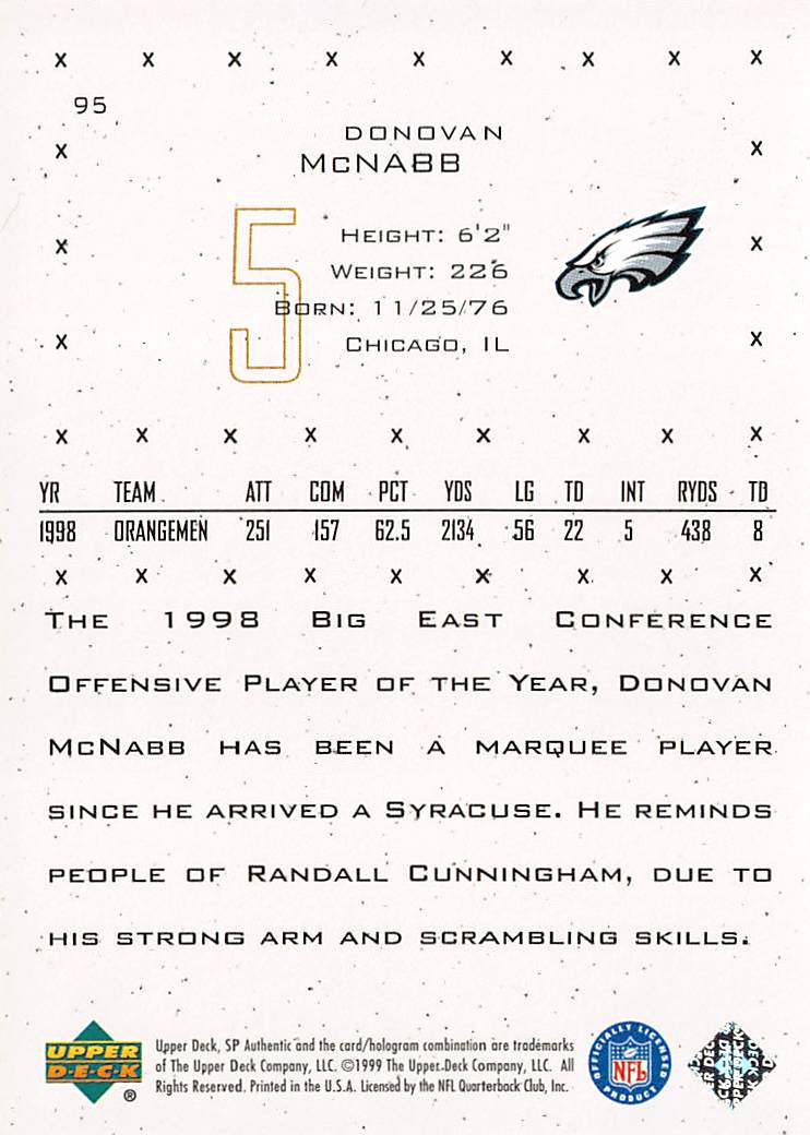 1999 Upper Deck Authentic Donovan McNabb Future Watch Rookie 0346/1999 95 Eagles