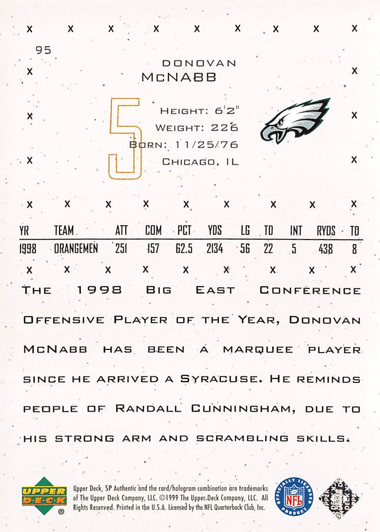 1999 Upper Deck SP Authentic Donovan McNabb Future Watch Rookie #95 Eagles