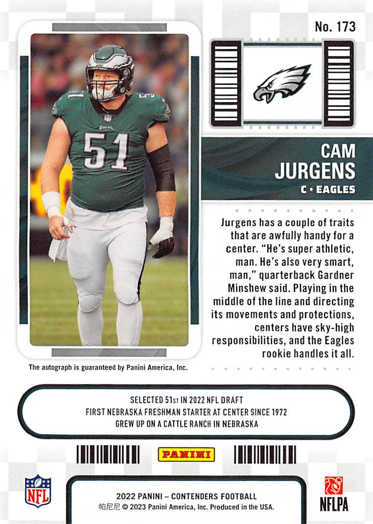 2023 Panini Contenders Football Cam Jurgens Rookie Ticket Auto RC #173 Eagles