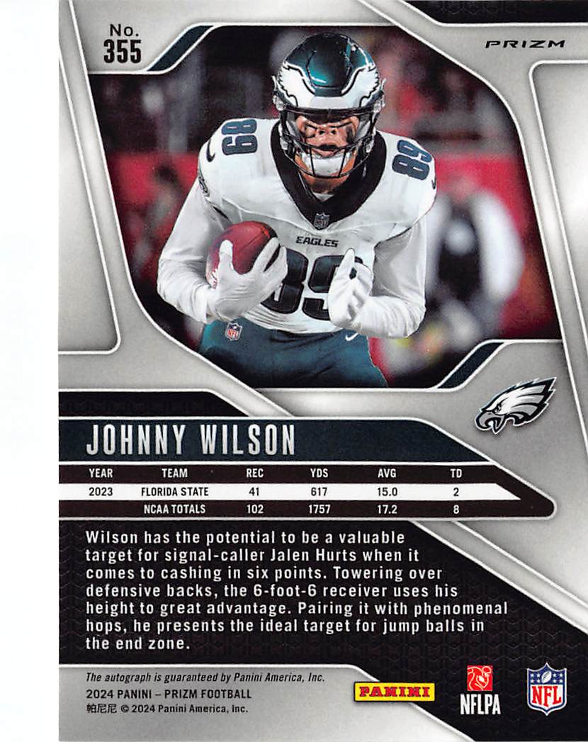 2024 Panini Prizm Football Johnny Wilson Silver Auto Rookie RC #355 Eagles