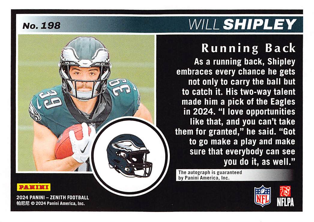 2024 Panini Zenith Will Shipley No Huddle Red Auto Rookie RC #198 Eagles