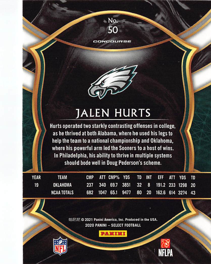 2020 Panini Select Football Jalen Hurts Rookie RC #50 Philadelphia Eagles