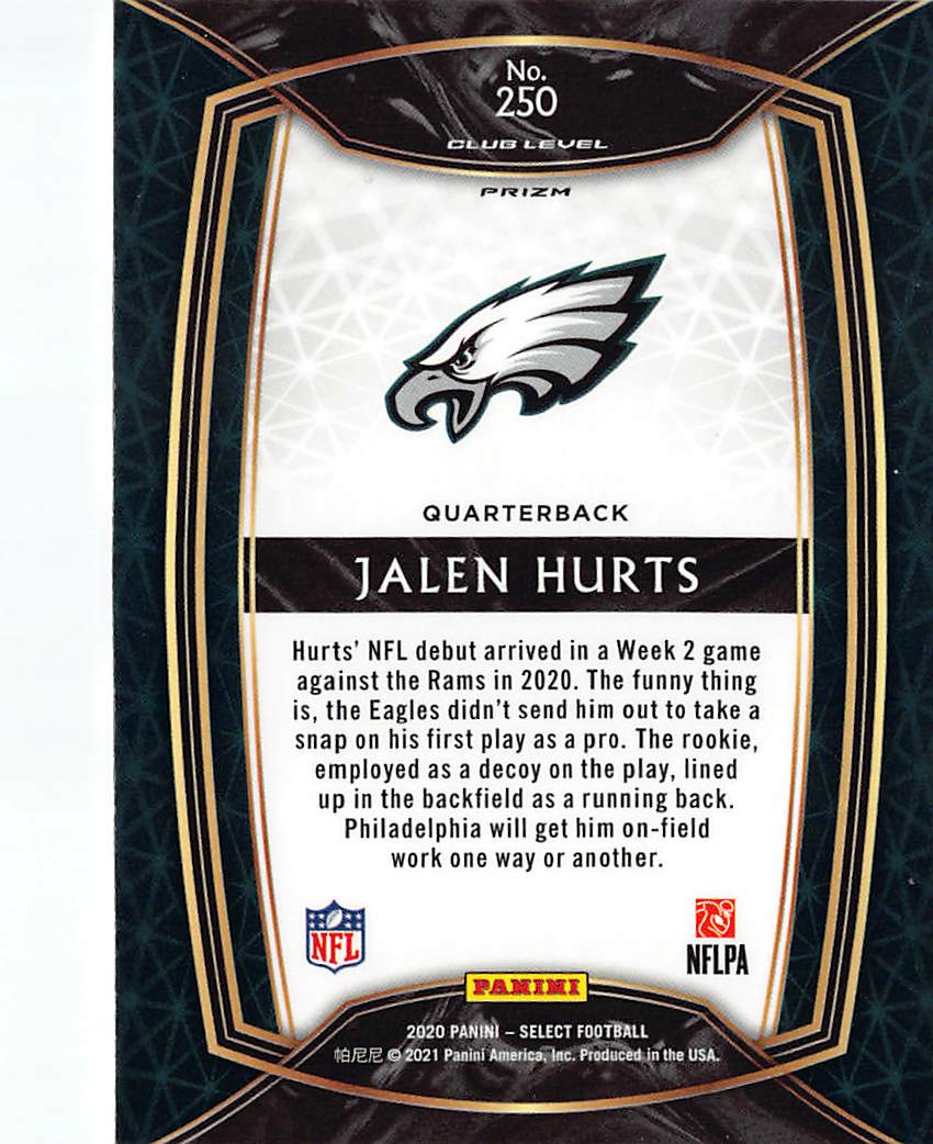 2020 Panini Select Jalen Hurts Rookie RC #250 Philadelphia Eagles