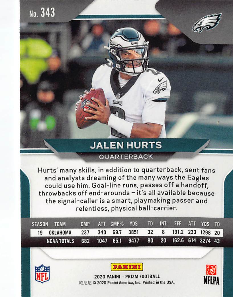 2020 Panini Prizm Football Jalen Hurts Rookie RC #343 Philadelphia Eagles