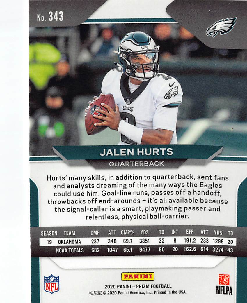 2020 Panini Prizm Jalen Hurts Rookie RC #343 Philadelphia Eagles