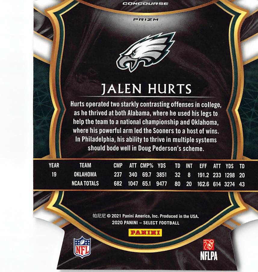 2021 Panini Select Jalen Hurts Purple Prizm Die-Cut Rookie RC Eagles