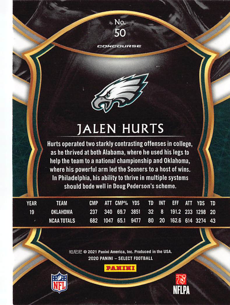 2020 Panini Select Jalen Hurts Rookie RC #50 Philadelphia Eagles