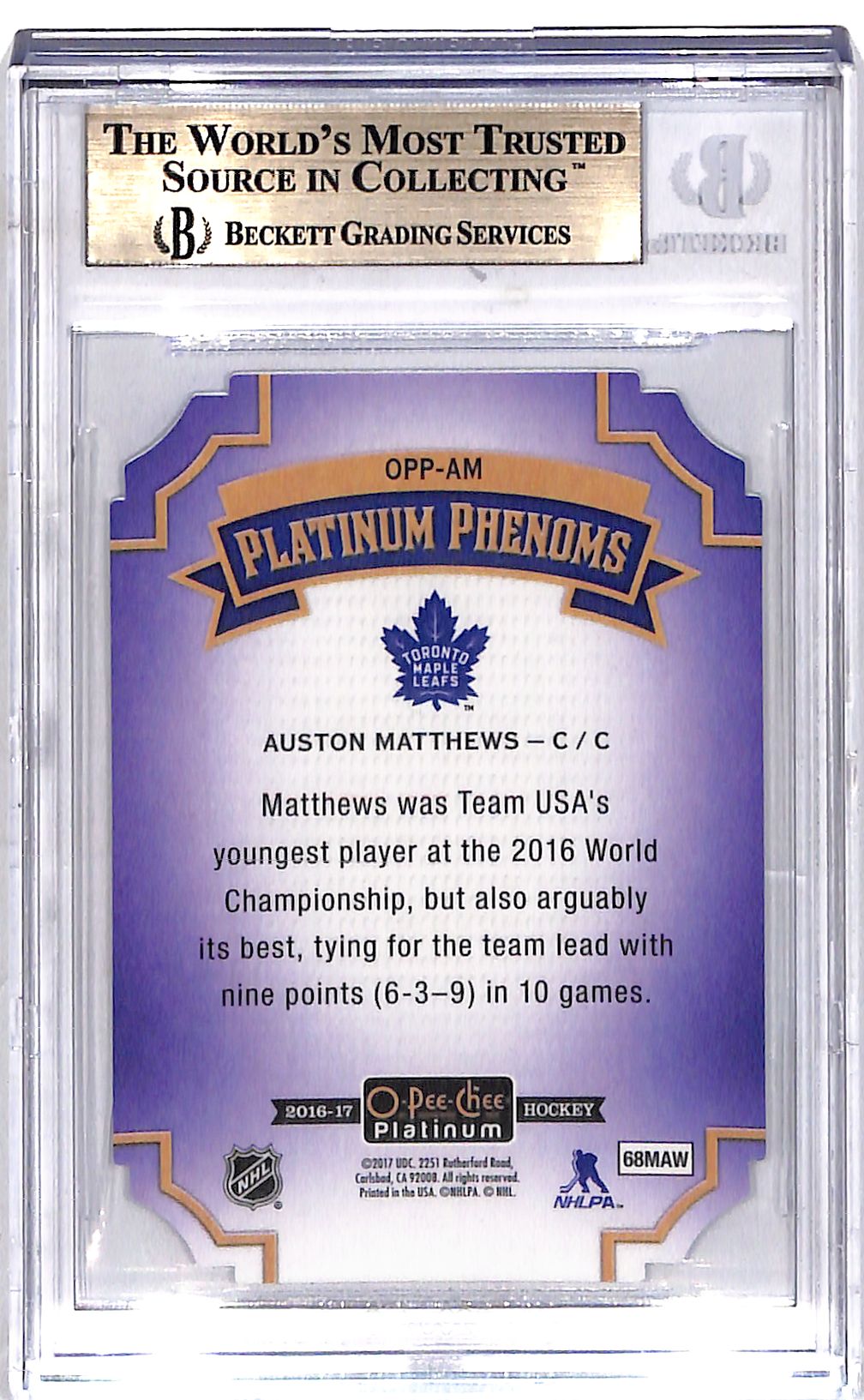 2016-17 O-Pee-Chee Platinum Auston Matthews Die-Cut #OPP-AM BGS 9.5 Maple Leafs