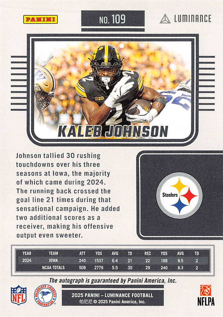 2025 Panini Luminance Kaleb Johnson Autograph /700 Rookie RC #109 Steelers