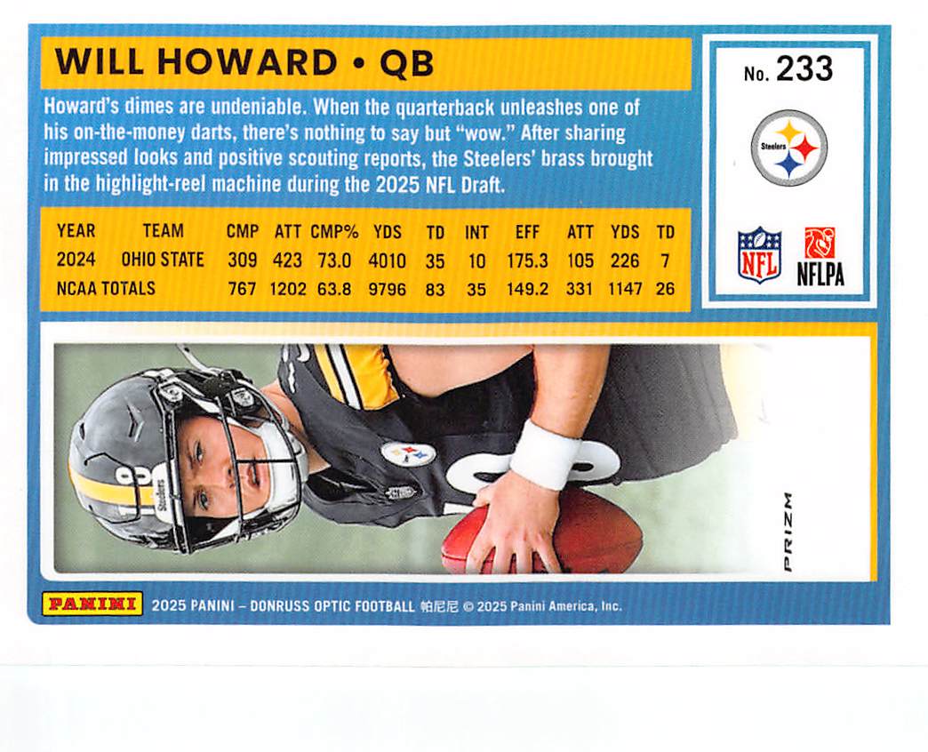 2025 Panini Donruss Optic Will Howard Green Rookie #233 Pittsburgh Steelers