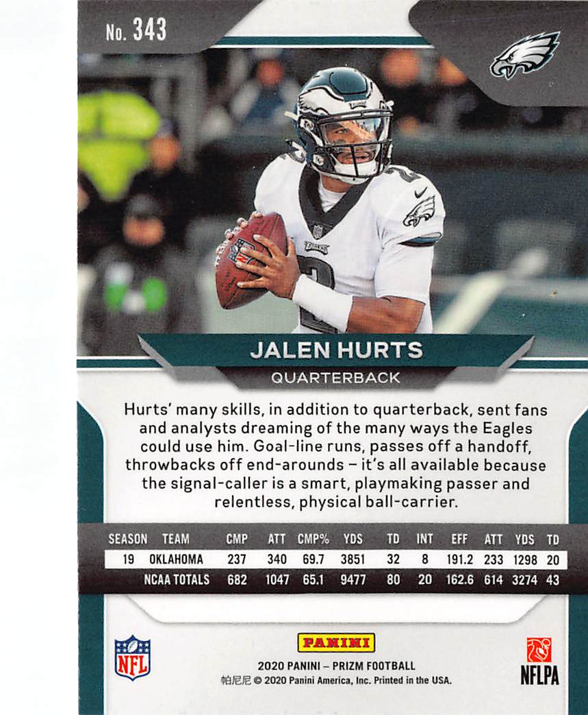 2020 Panini Prizm Football Jalen Hurts Rookie RC #343 Philadelphia Eagles