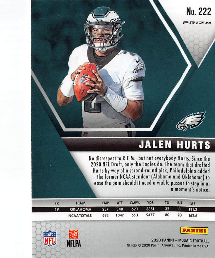 2020 Panini Mosaic Jalen Hurts Pink Camo Rookie RC #222 Philadelphia Eagles