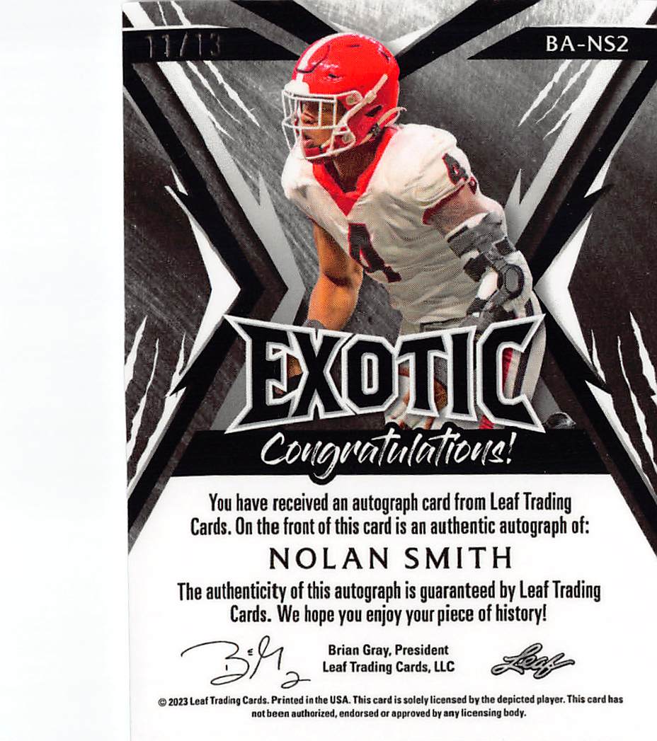 2023 Leaf Exotic Football Nolan Smith Zebra /13 Rookie RC #BA-NS2 Georgia
