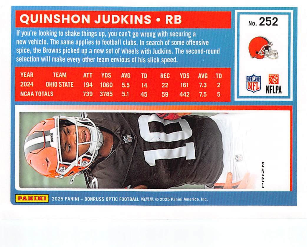 2025 Panini Donruss Optic Quinshon Judkins Purple Shock Rookie #252 Browns