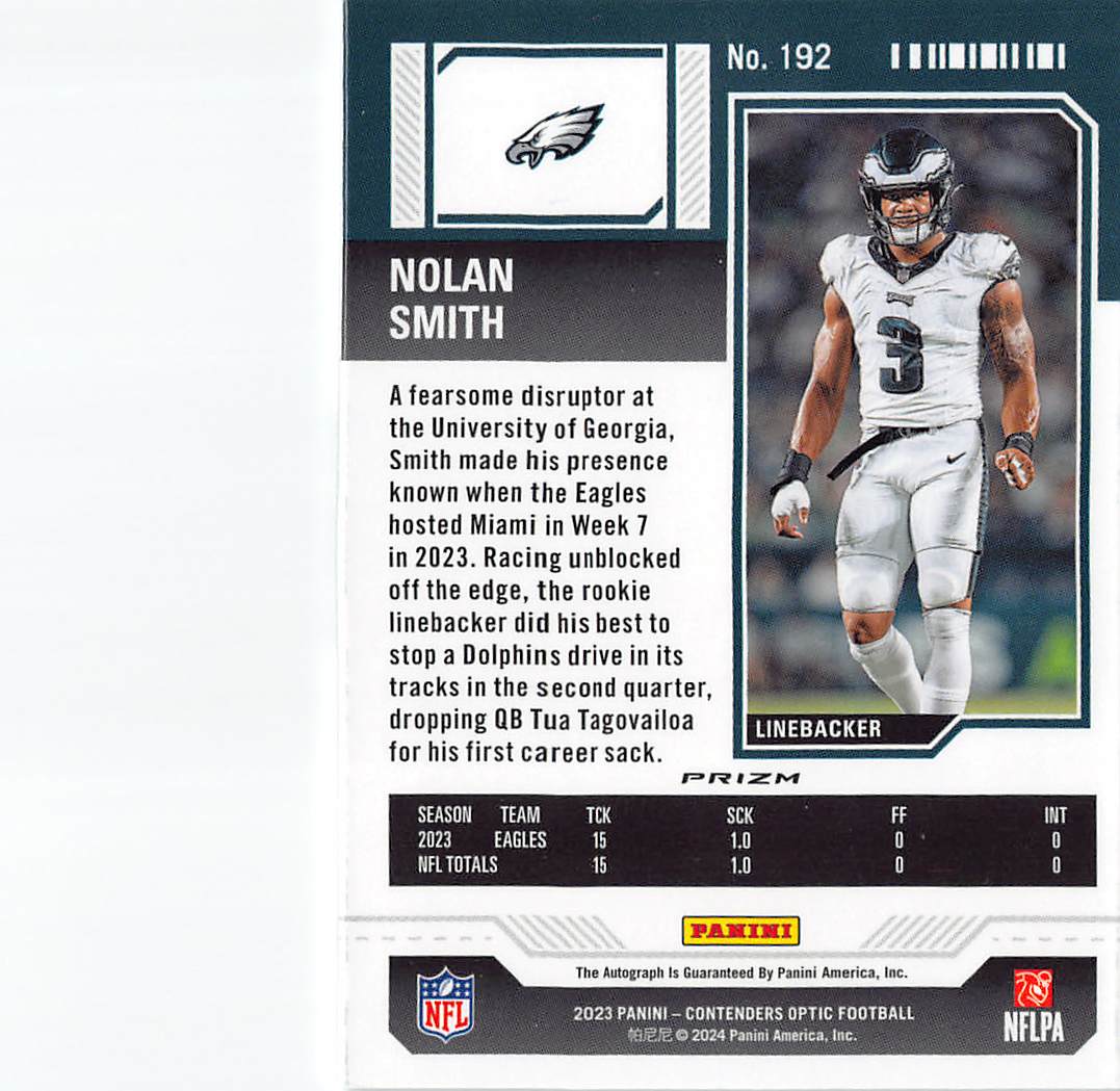 2024 Panini Contenders Optic Nolan Smith Rookie Ticket Auto RC #192 Eagles