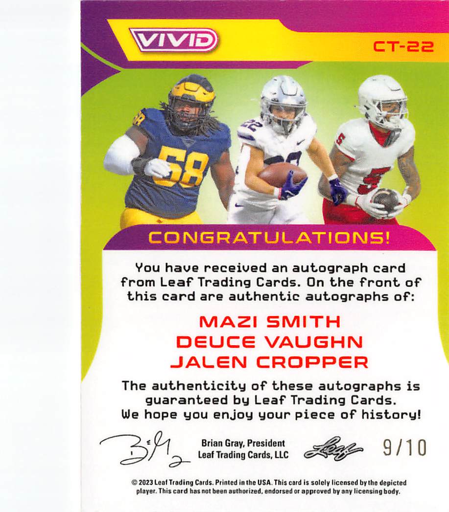 2023 Leaf Vivid Cropper Smith Vaughn Yellow Autographs /10 #CT-22