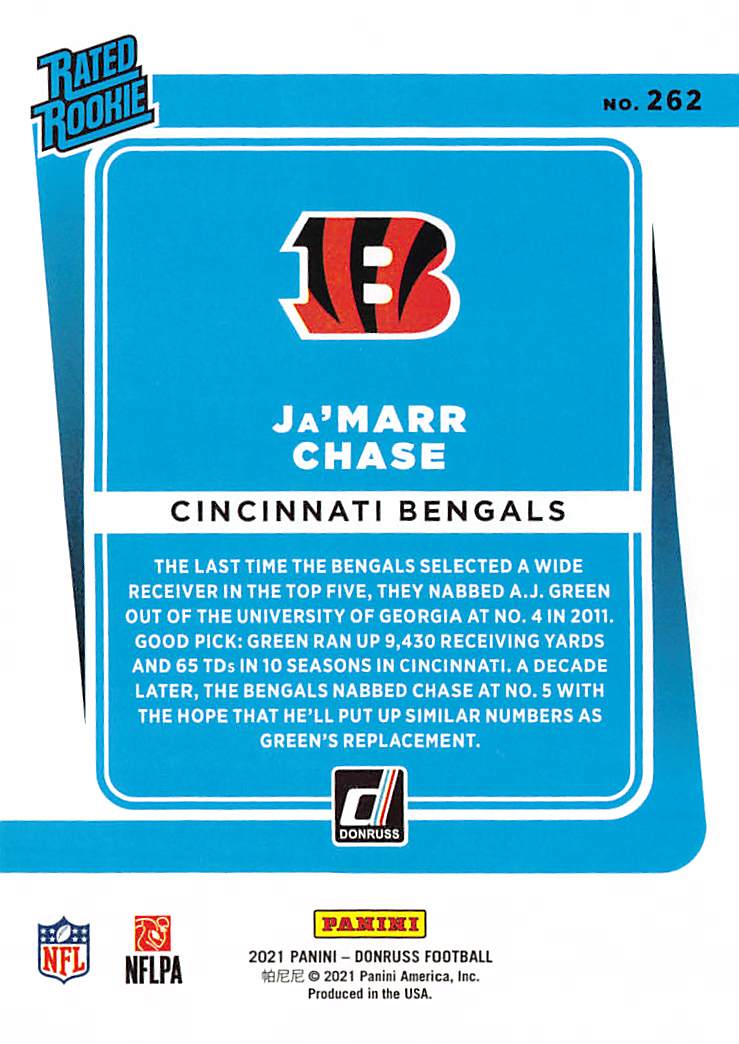 2021 Panini Donruss Ja'Marr Chase Rated Rookie Rookie #262 Cincinnati Bengals