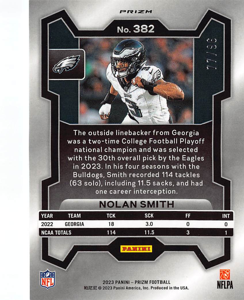 2023 Panini Prizm Nolan Smith Blue Sparkle /96 Rookie RC #382 Eagles