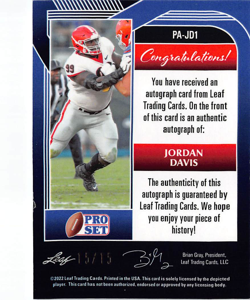 2022 Leaf Pro Set Jordan Davis Blue Scope Auto Rookie RC #PA-JD1 Georgia