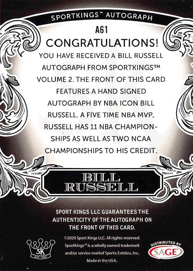 2020-21 Sportkings Volume 2 Bill Russell Autograph #A61